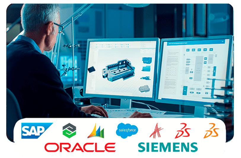 man looking at a screen and logos